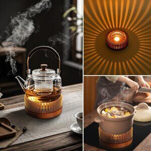 Aluminum Warmer with Wooden Base Candle Heater for Heating Tea(1 Set)